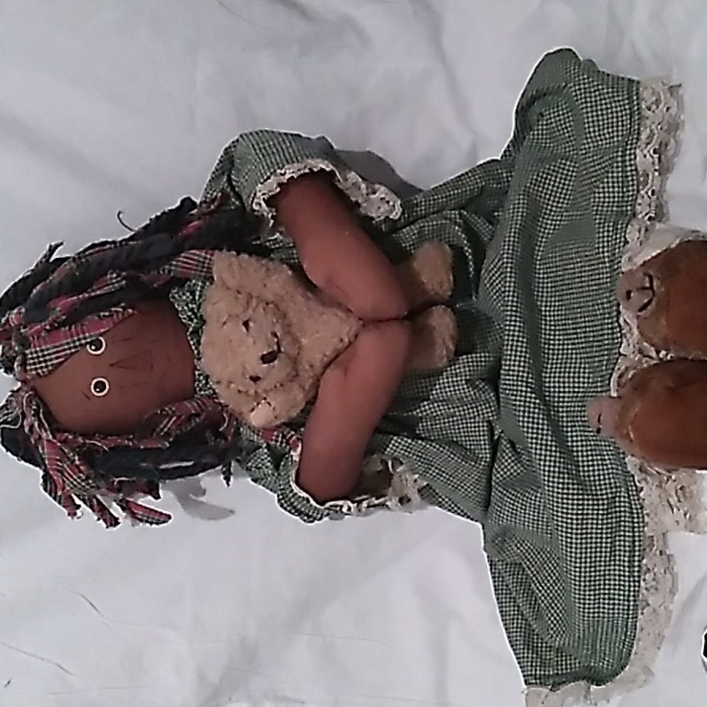 Vintage 28" County Creations by Donna African American Rag Doll with Teddy Bear